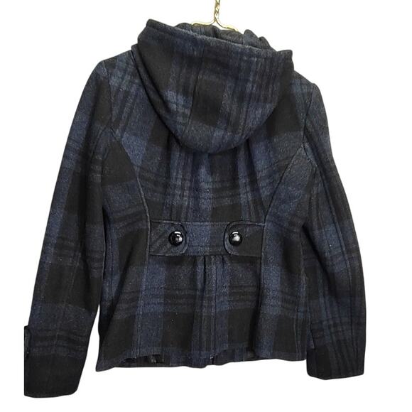 GUESS Plaid Wool Blend Navy Blue Hooded Pea Coat Claw Buttons - Picture 2 of 12